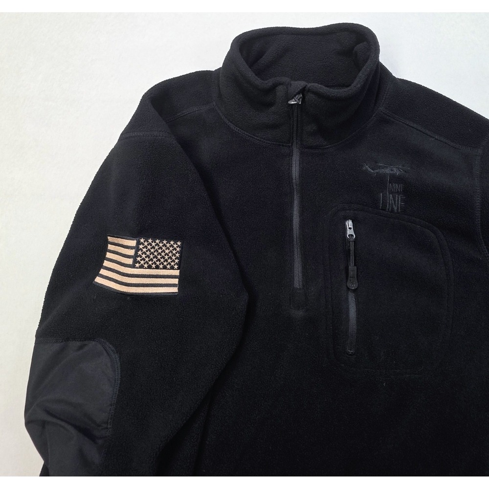 Nine Line Pullover Fleece Mens 1/4 Zip Black on Black Sweatshirt Flag Embroidery